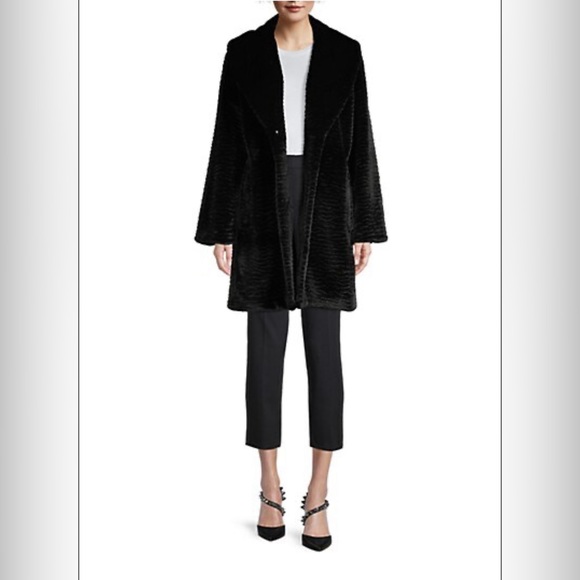 Donna Karan New York faux fur black coat shawl collar size XS